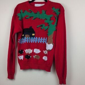 The Eagle's Eye Red Crew Neck Sweater Sheep Farmhouse Design Size M Vintage
